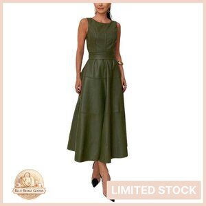 Faux Leather Sleeveless Long Dress Elegant Flowy Party Night Out with Belt